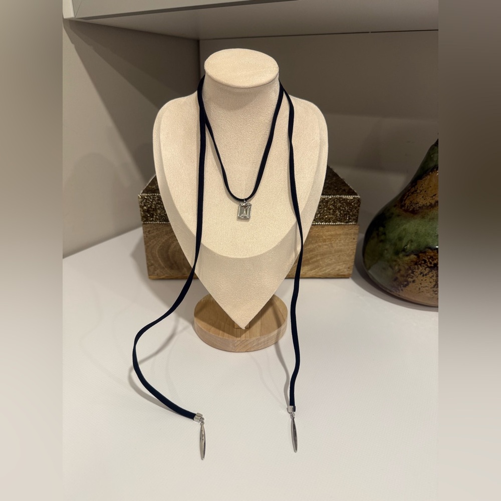 Black Lariat Necklace with Silver Accents